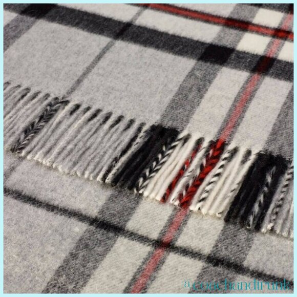 SCOTTISH WOOL IMPORT THROW BLANKET Fringe Tomson Plaid Grey Ivory Black Red NWT - Picture 7 of 13